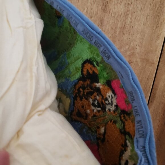 Vintage Hand-Stitched Needlepoint Pillow Tiger Cubs Tulip Flowers Cottagecore - Picture 10 of 13